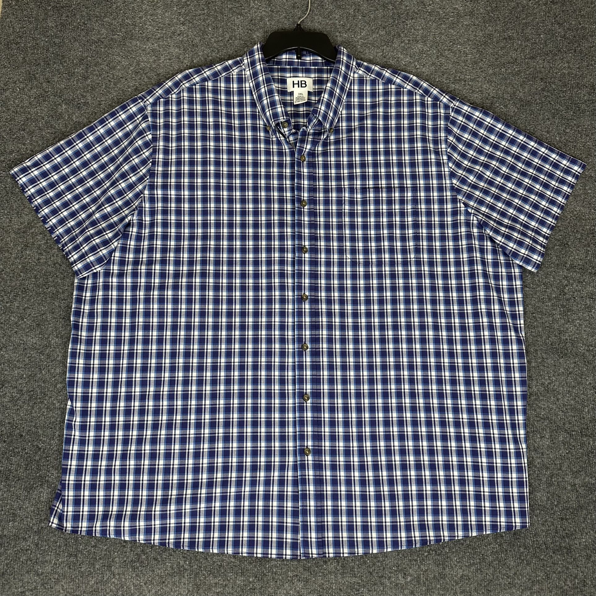 Harbor Bay Shirt Mens 3XL Blue White Plaid Short Sleeve Button-Down Pocket Adult
