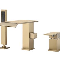 Brand New In The Box- Modern Brushed Gold Bathtub Faucet with 4" Wide Spout,Wathels Solid Brass Roman Tub Filler Faucets with Handheld Shower Set 3 Ho