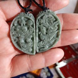 Certified Genuine Jade Jadeist Dragon.phoenix Haopy Couple Goodluck Pdnts Rope Or Chain Gold Color 