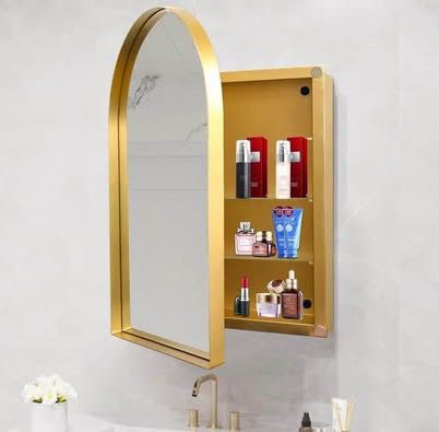 AS IS New Arched Medicine Cabinets Mirror Metal Framed Gold Medicine Cabinet Wall Mounted 24" x 36"