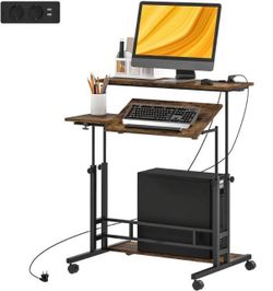 Adjustable Standing Desk With Power Outlets, Brown,