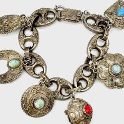 FREE SHIPPING! Vintage 800 Silver Italian Etruscan Revival Glass Fob Charm Bracelet 6.75"