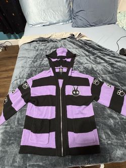 Purple Black Striped Zip-Up Hooded Cardigan