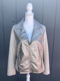 Cream Faux Leather Moto Jacket with Gold Zippers