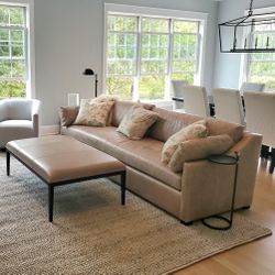9’ RESTORATION HARDWARE BROMPTON  LEATHER SOFA AND OTTOMAN TABLE
