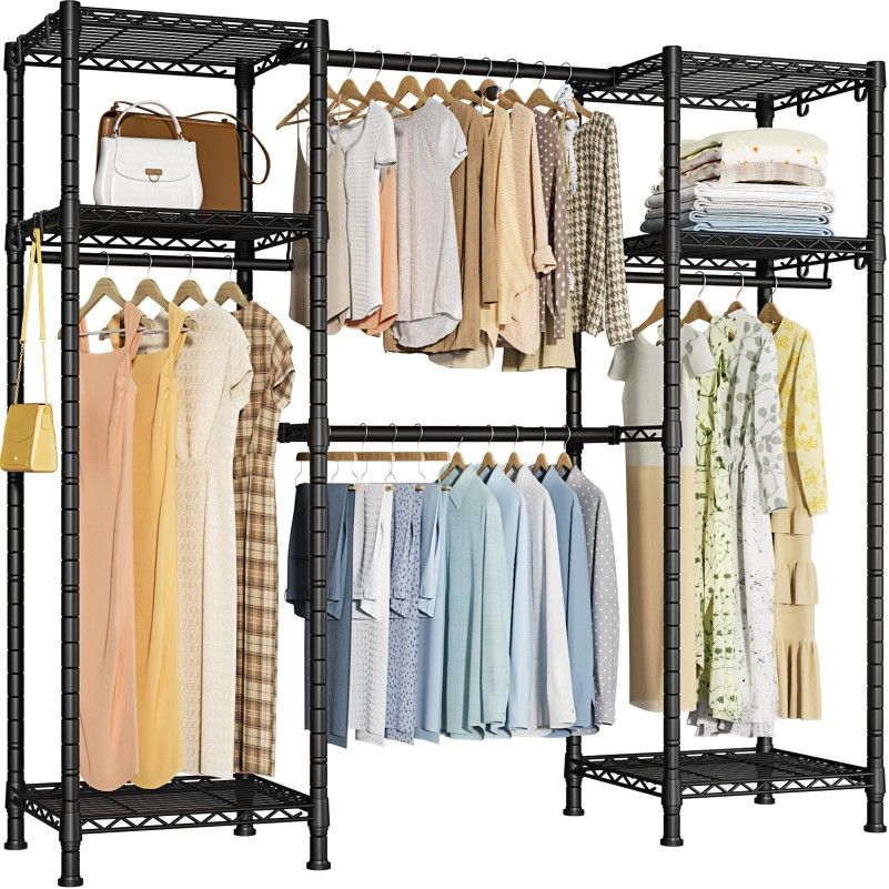 Garment Rack, Heavy Duty Clothes Storage System with Extendable Hangers Rods, Metal Clothe Rack with 6 Wire Shelves, (52.3"-72") W x 14.5" D x 71.2" H