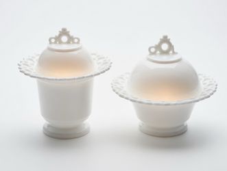 Vintage Milk Glass Lacy Lattice Pedestal Candy Dishes with Lids - Pair of 2 White Bonbon Compotes