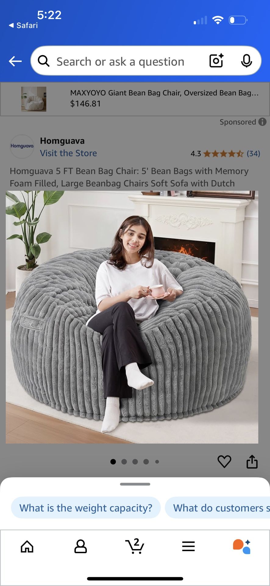Homguava Huge Grey Corduroy Bean Bag Chair(new)