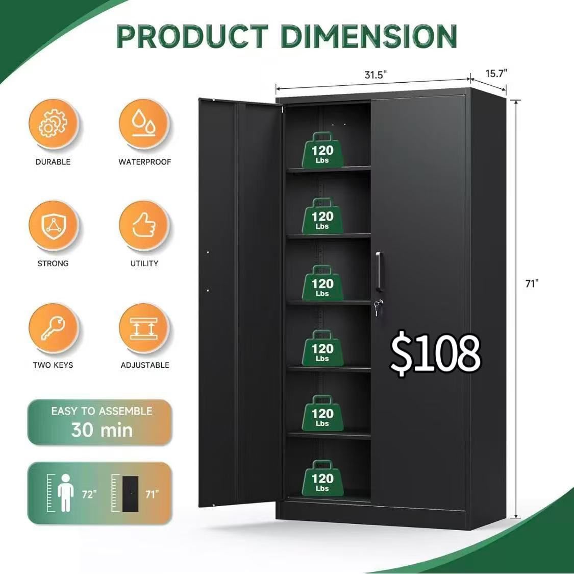 😀 71”H Metal Storage Cabinets with Lock Doors,Tall Locker Organizer Steel Garage Cabinets, 5 Adjustable Layers Shelves for Home, Office, Warehouse