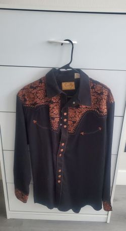 Scully Men's Western Cowboy Shirt Black Bronze/Copper Floral Embroidery Size L