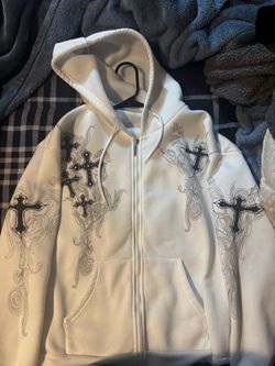 White Zip-Up Hoodie with Cross Wing Print