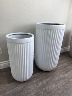 Set Of 2 White Fluted Fiberglass Tall Planters