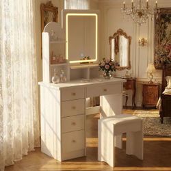 5-Drawers White Makeup Vanity Sets Dressing Table Sets With Stool, LED Lighted Mirror, Power Strip and Hair Dryer Holder