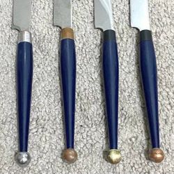 Vintage Mid Century Lucite Handled Fiesta Carnival Flatware Stainless Set Of 4 Blue Navy Knives