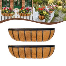 2 Pcs 24“ Railing Planter Window Box Deck Railing Planter Boxes with Coco Liner English Horse Trough Planter Metal Wall-Mounted Planter Basket for Out