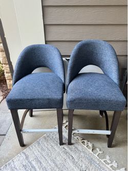 Set of 2 Blue Upholstered Curved-Back Counter Stools – Needs Repair, Fully Usable