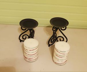 2 vintage metal scroll candle holders and 2 Christmas candles