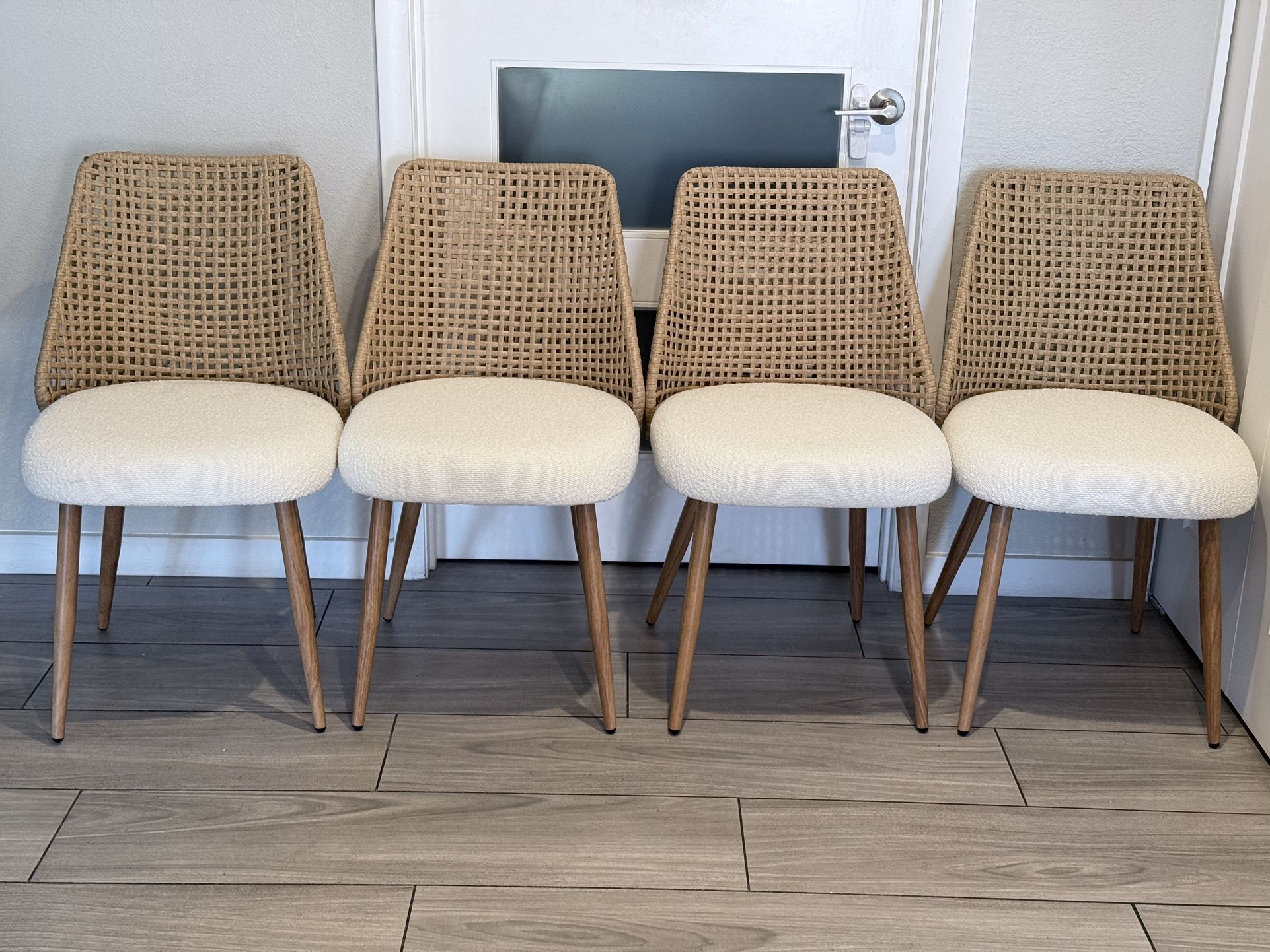 SET OF 4 RATTAN WHITE FABRIC DINING CHAIRS ( BRAND NEW AND ASSEMBLED )