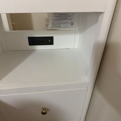 White Side Nightstand With Outlets And On Wheels 