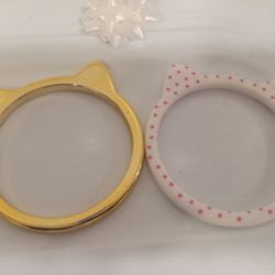 Pair Cute Cat Bangle Bracelets Gold Tone & White with Pink Polka Dots