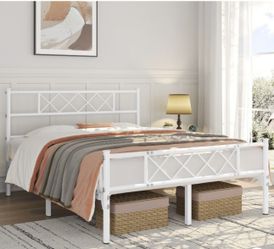 Simple Metal Bed Frame with Headboard& Footboard Slatted Bed Base, White(Full)