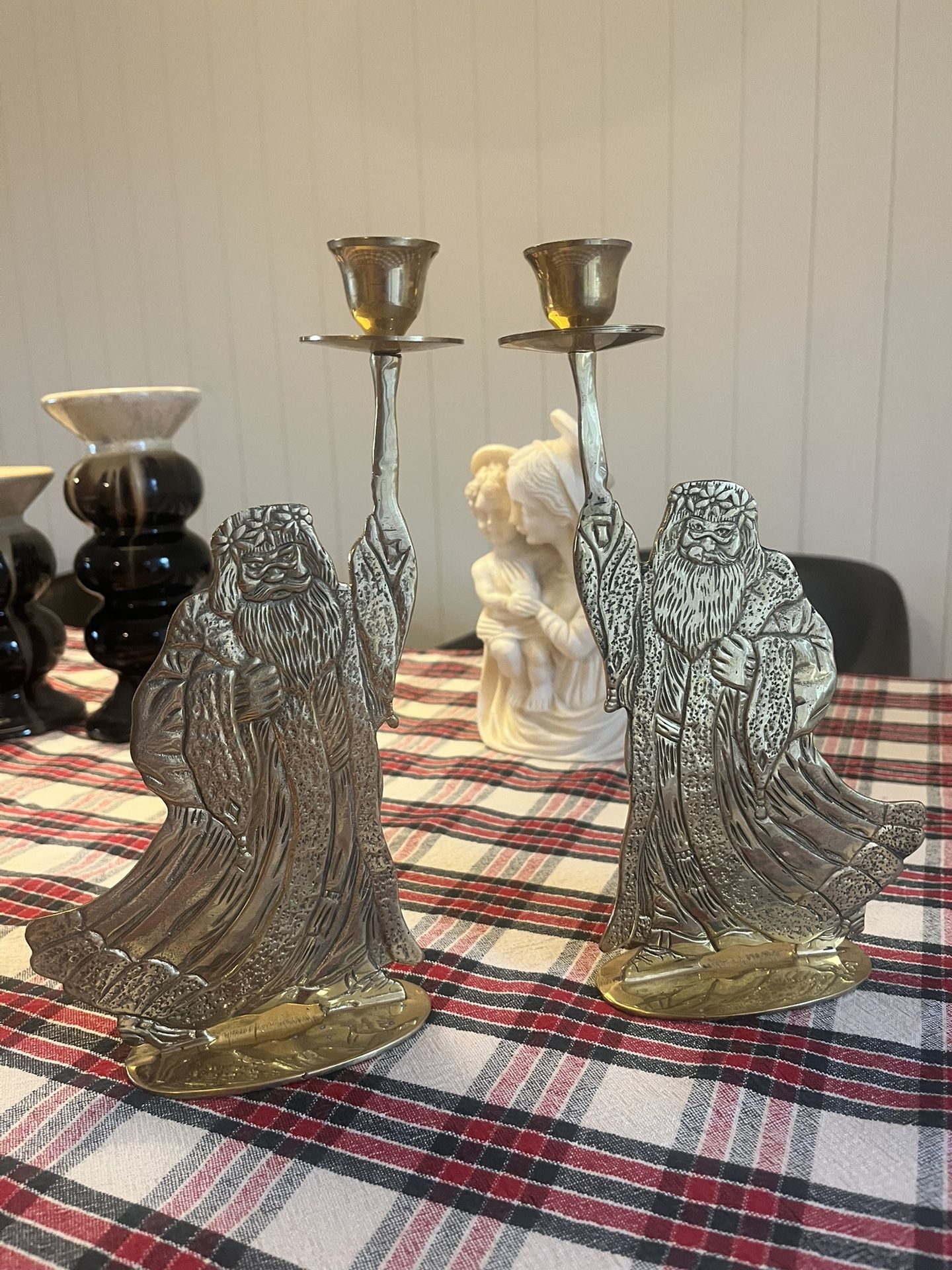 Vintage Brass Santa Candle Holders
