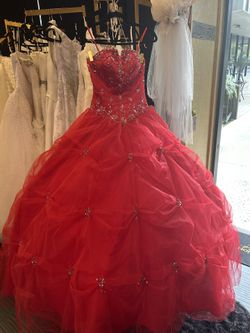 Red Size 4 Quinceañera Dress With Rhinestone Embellishment