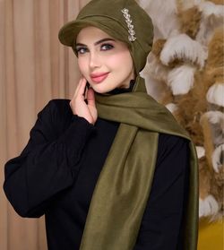 Olive Green Hijab Cap with Rhinestone Brooch