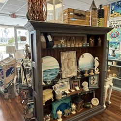 Super Large Vintage Driftwood Grey Distressed Display Cabinet Glass Shelves – Coastal & Rustic Style
