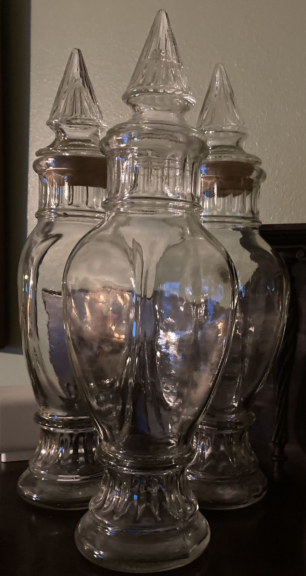 Vintage Glass Apothecary Jar Dakota Tiffin Clear Glass Medical Bottle Canister Pointy Knob Lid Mid Century container Set