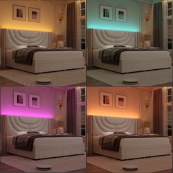 Queen Size Velvet Wingback Upholstered LED Light 2 Drawer Storage Bed