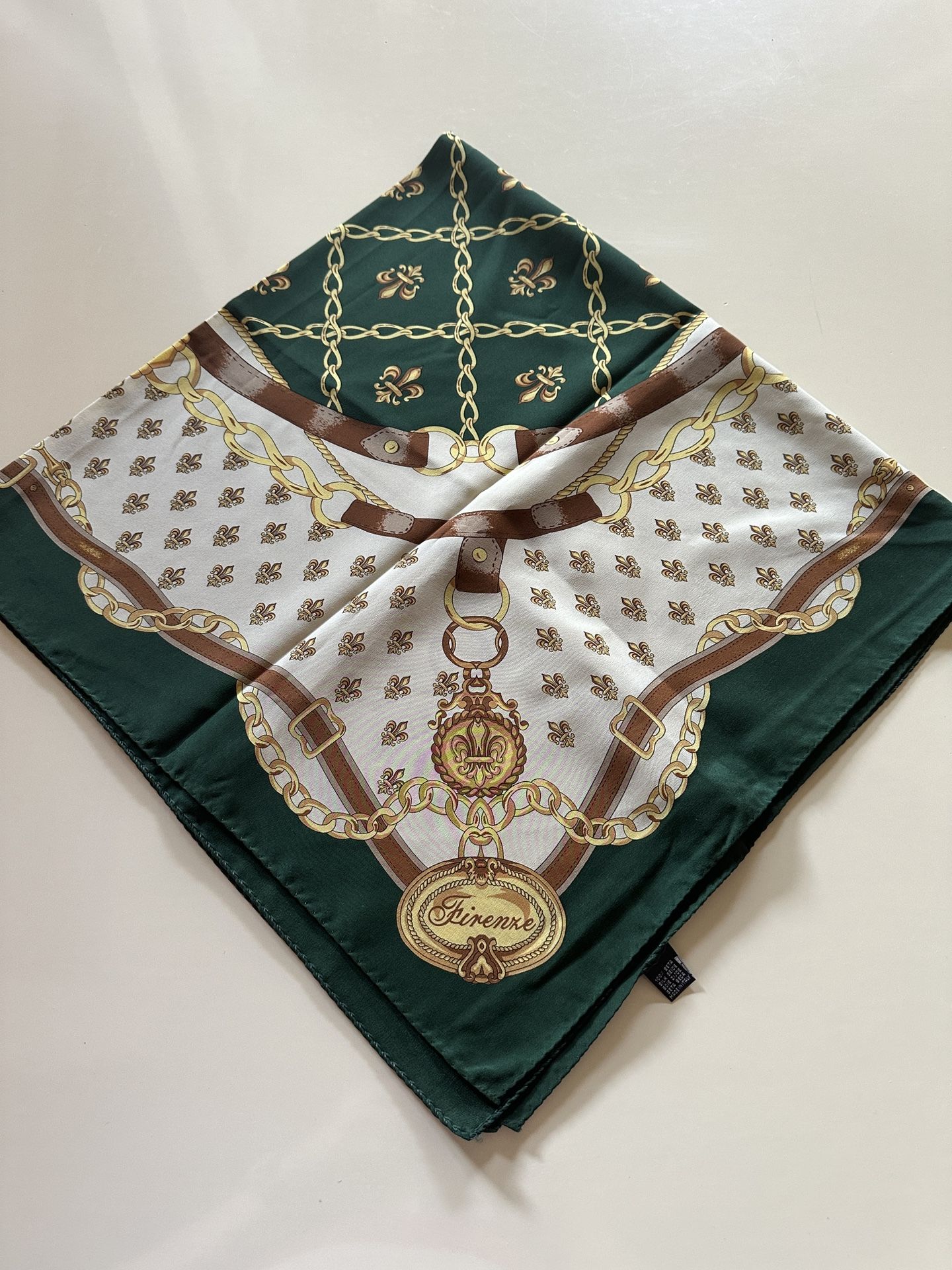 Florence Silk Scarf with Green and Gold Chain Pattern