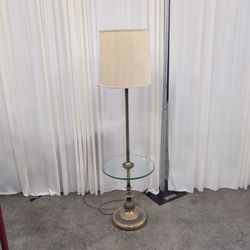Brass-Toned Floor Lamp with Round Glass Table