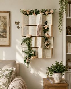 Book Wall Art Display – Handmade Floral Library Decor