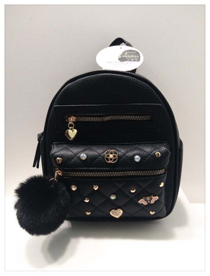 Mini Backpack - Black Faux Leather w/Gold Tone Embellishments *NWT*