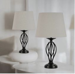 Set of 2  Black Finish Metal Cage Accent Table Lamps with Linen Blend Drum Gray Lampshade, 18.5”