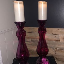 Two Tall Pink Glass  vases  I Used As Candle Holders Home Decor Candles Not Included 