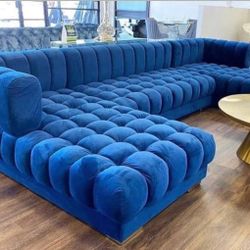 Ariana Blue Velvet Double Chaise Sectional Couch 