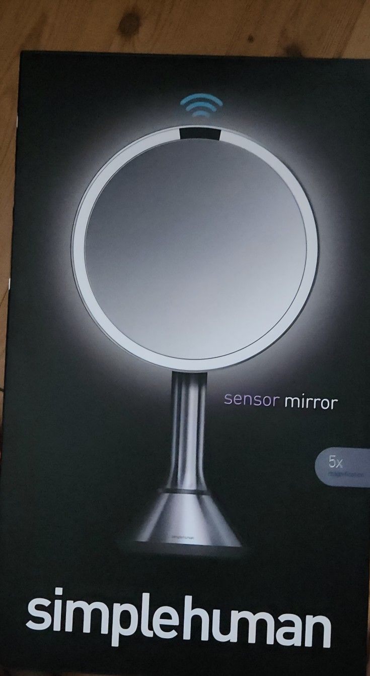 simplehuman 8" Round Sensor Makeup Mirror with Touch-Control Dual Light Settings, 5x Magnification, Rechargeable and Cordless, Brushed Stainless Steel