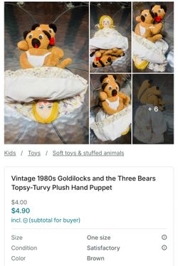 Vintage 1980s Goldilocks and the Three Bears Topsy-Turvy Plush Hand Puppet