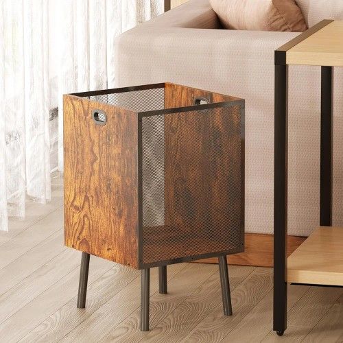 8.5 Gallon Retro Wooden Trash Can with Metal Mesh – Large Wastebasket with Handles & Legs, Under Desk, Breathable, Stylish