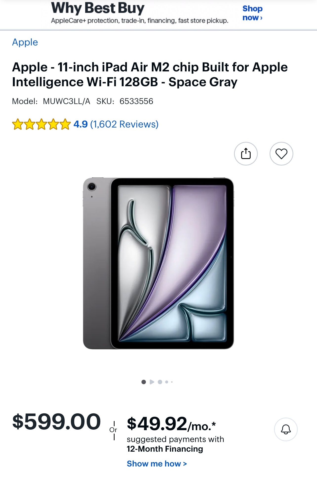 Apple - 11-inch iPad Air M2 chip Wi-Fi 128GB - Space Gray