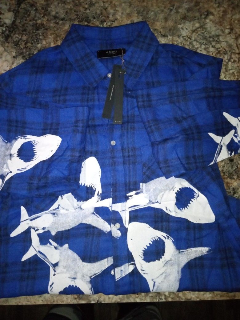 SALE!!! Amiri Exclusive Shark Blue Fleece Designer Long Sleeve  Shirt (Sz XL)