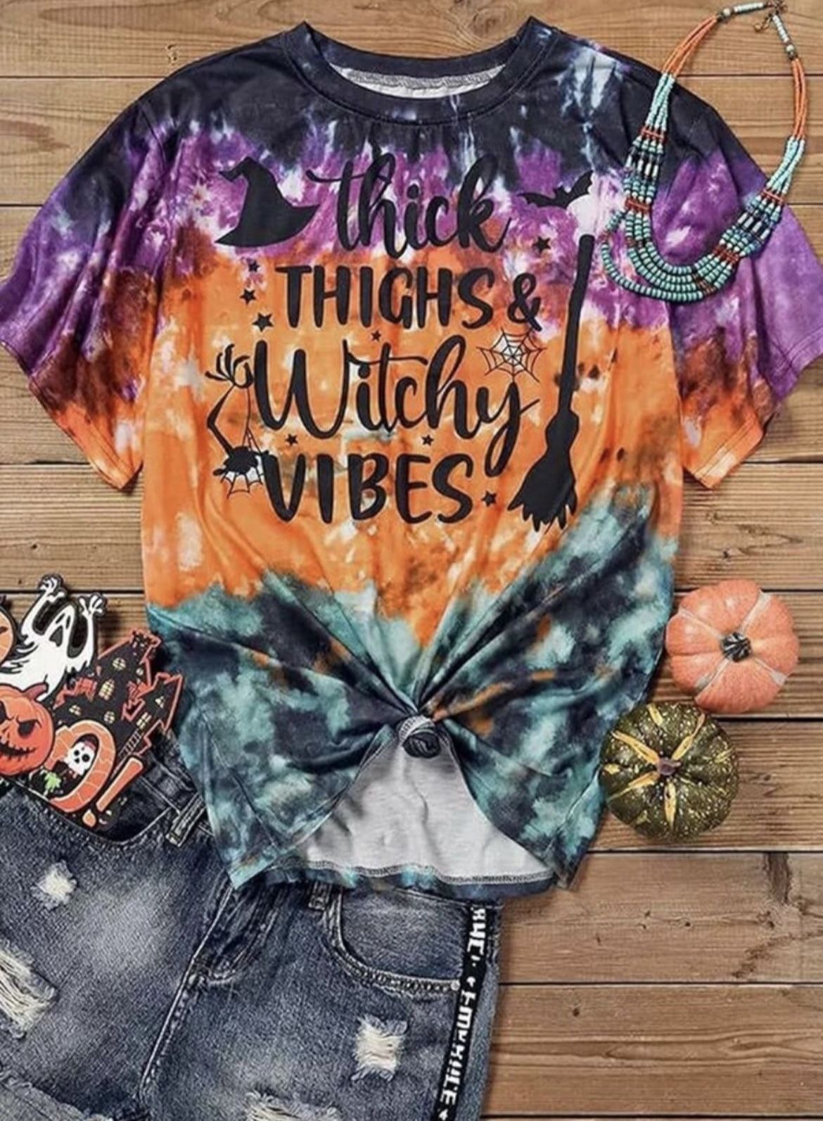 New L Hocus Pocus Halloween Thick Thighs & Witch Vibes Tie Dye T-Shirt