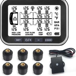 TPMS for RV/Buses/Caravan/Motorhome/Trailer/Travel/Trucks, Wireless Solar Tire Pressure Monitoring System with DIY Easy Installation Cap Sensors Press
