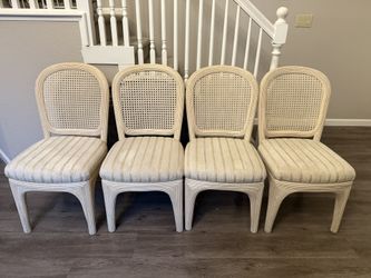 4 Boho Chic White Washed Pencil Reed and Cane Dining Chairs / Price Is Firm
