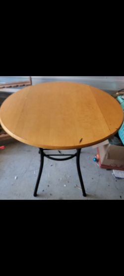 ●○Round Drop Leaf Dining Table, Brown Medium Wood Top, Metal Base