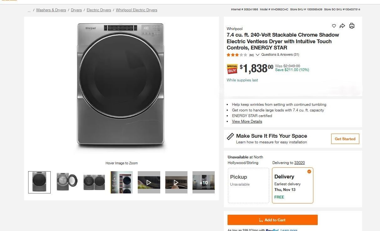 Whirlpool Dryer _ Model # WHD862CHC 7.4 cu. ft. 240-Volt Stackable Electric Ventless Dryer _Open Box-Mfg Warranty Included MSRP $2049