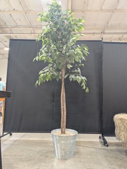 Tall Green Artificial Tree in Galvanized Bucket
