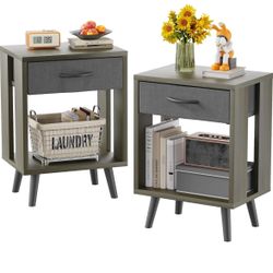 Nightstands Set of 2 with Fabric Storage Drawer and Open Wood Shelf, Side Table with Storage for Bedroom, Bedside Tables - Gray 24 Inches 